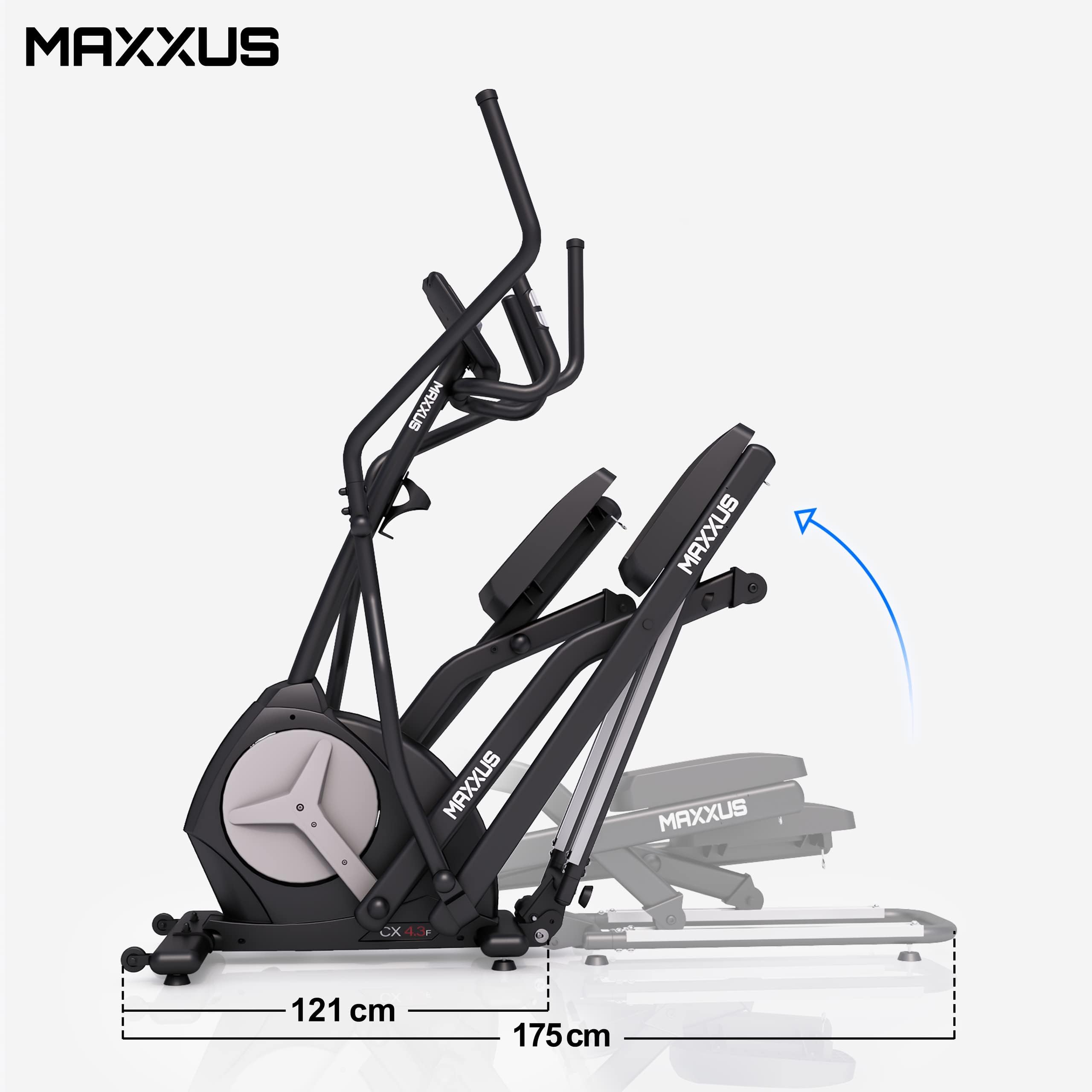 MAXXUS Crosstrainer CX 4.3f - Klappbar, 135kg, LCD-Display, TÜV, App, 24kg Schwungmasse, 16 Widerstandsstufen, 12 Programme, Magnetbremse, Tablethalterung - Ellipsentrainer für Zuhause, Heimtrainer