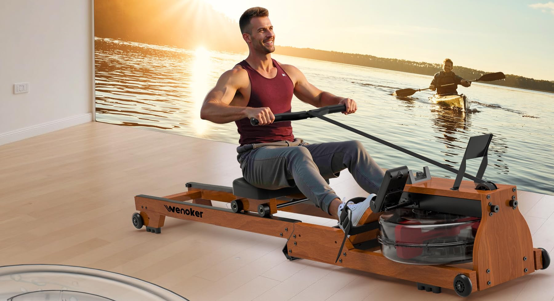 Wenoker Rudergerät Wasser für Zuhause aus Massivholz, Rudergerät klappbar mit Bluetooth Display, Hochwertige Holzkonstruktion, Doppel-Slide-Rails, Max 150kg Belastbar