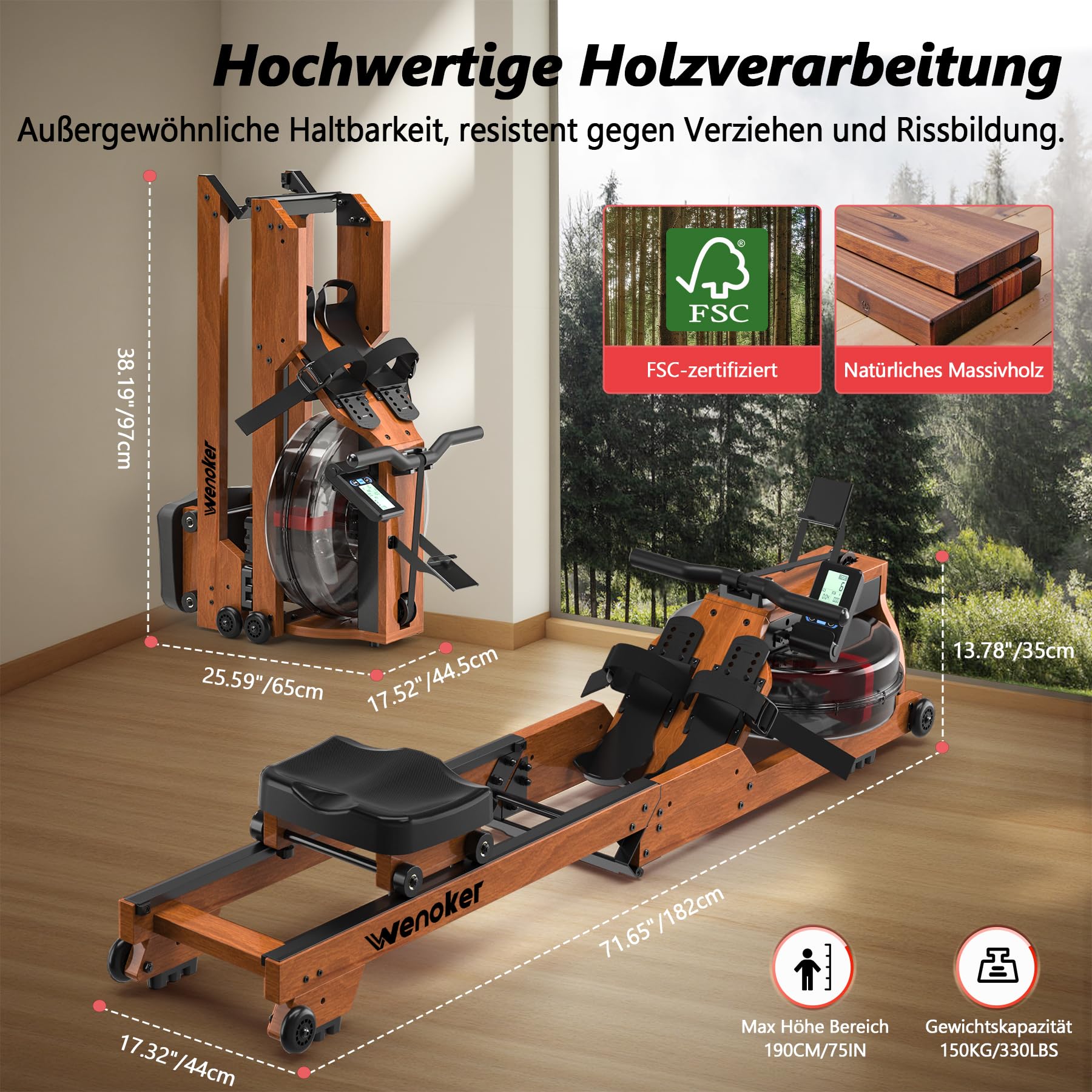 Wenoker Rudergerät Wasser für Zuhause aus Massivholz, Rudergerät klappbar mit Bluetooth Display, Hochwertige Holzkonstruktion, Doppel-Slide-Rails, Max 150kg Belastbar