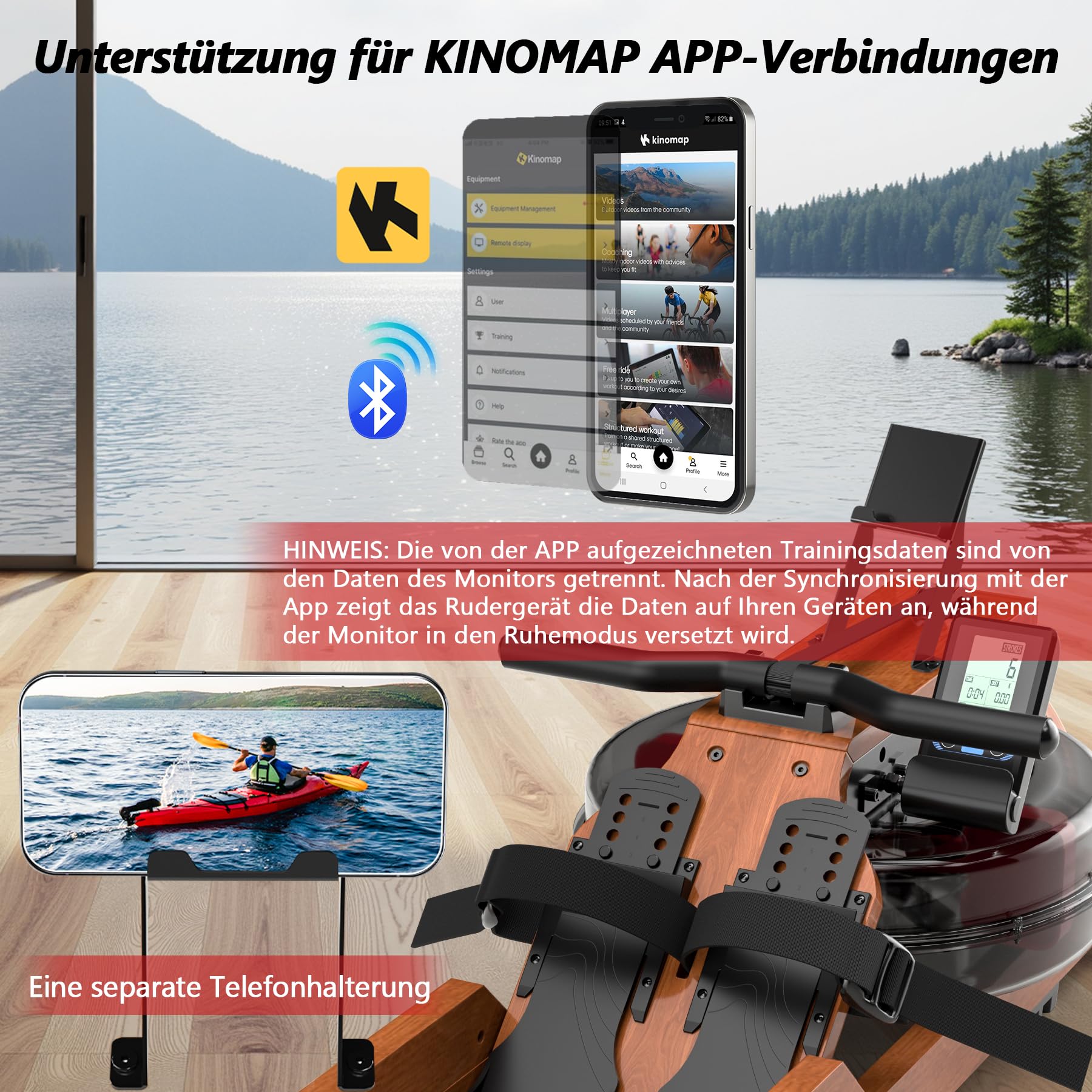Wenoker Rudergerät Wasser für Zuhause aus Massivholz, Rudergerät klappbar mit Bluetooth Display, Hochwertige Holzkonstruktion, Doppel-Slide-Rails, Max 150kg Belastbar