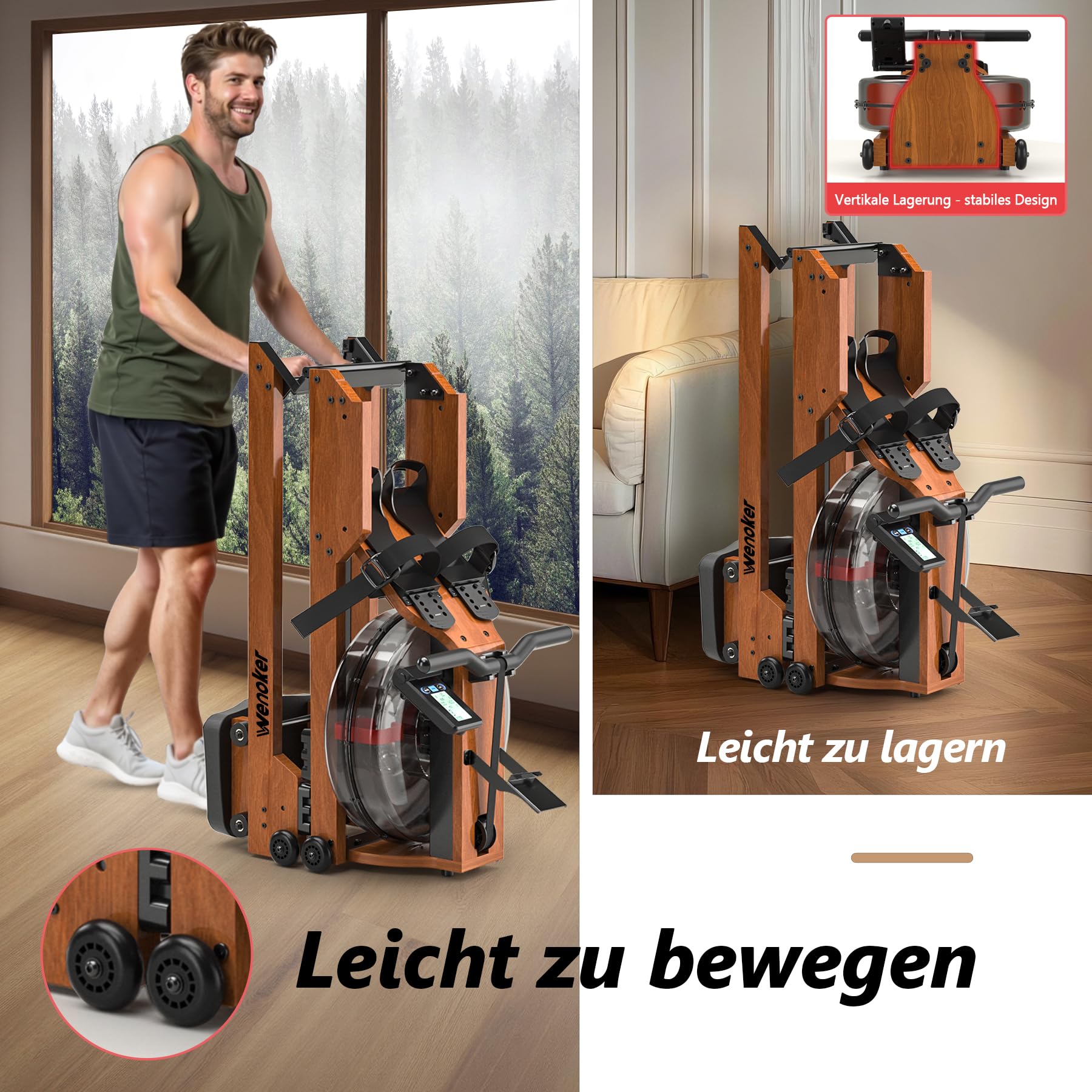 Wenoker Rudergerät Wasser für Zuhause aus Massivholz, Rudergerät klappbar mit Bluetooth Display, Hochwertige Holzkonstruktion, Doppel-Slide-Rails, Max 150kg Belastbar