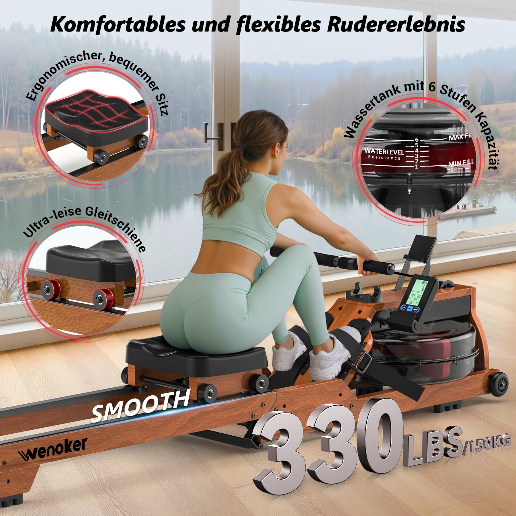 Wenoker Rudergerät Wasser für Zuhause aus Massivholz, Rudergerät klappbar mit Bluetooth Display, Hochwertige Holzkonstruktion, Doppel-Slide-Rails, Max 150kg Belastbar