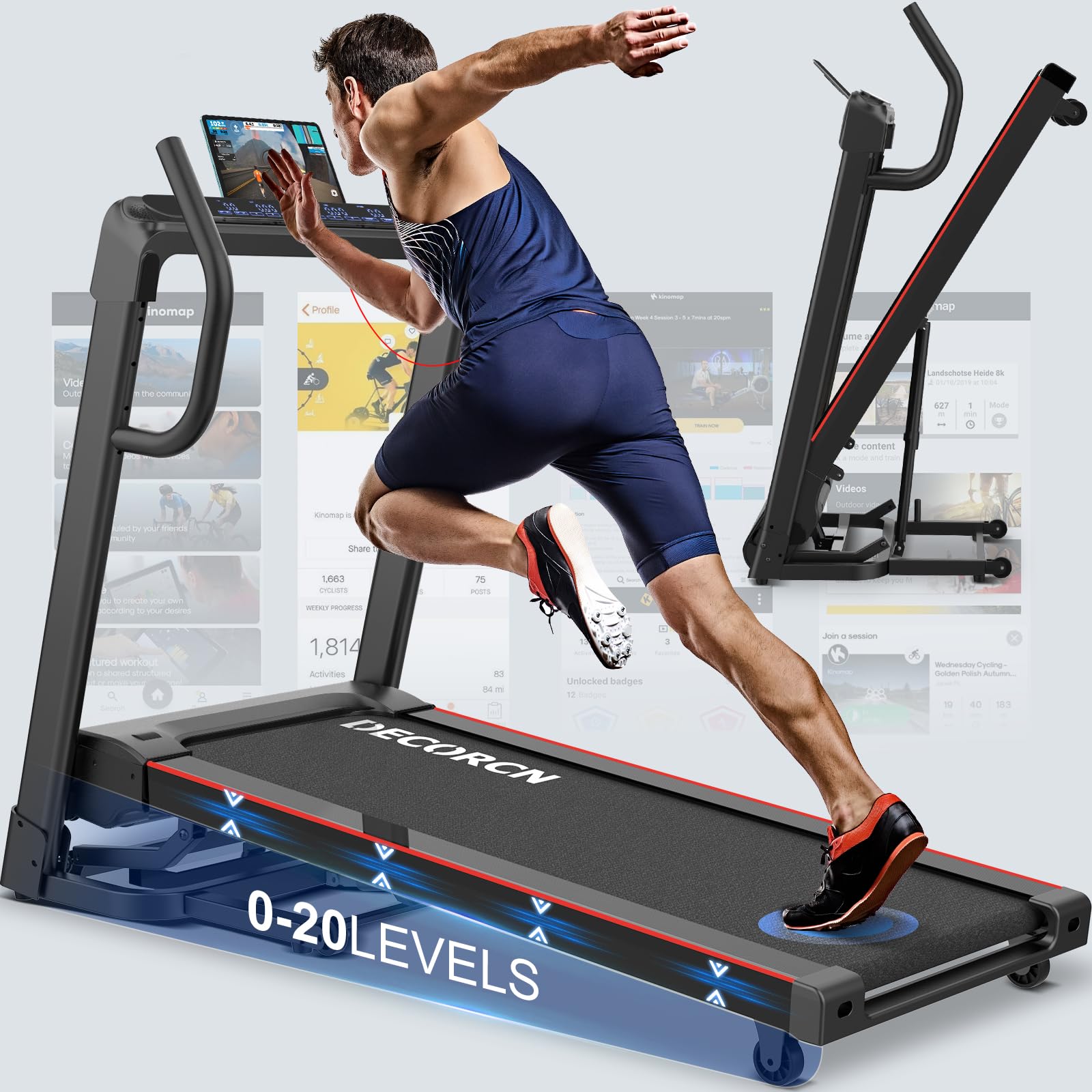 Decorcn Laufband für Zuhause - 7 PS, bis 18 km/h. Profi Große Lauffläche Laufband Klappbar, 20 Neigungsstufen Leise Walking Pad mit interaktivem LCD-Display & Bluetooth, bis 180 kg