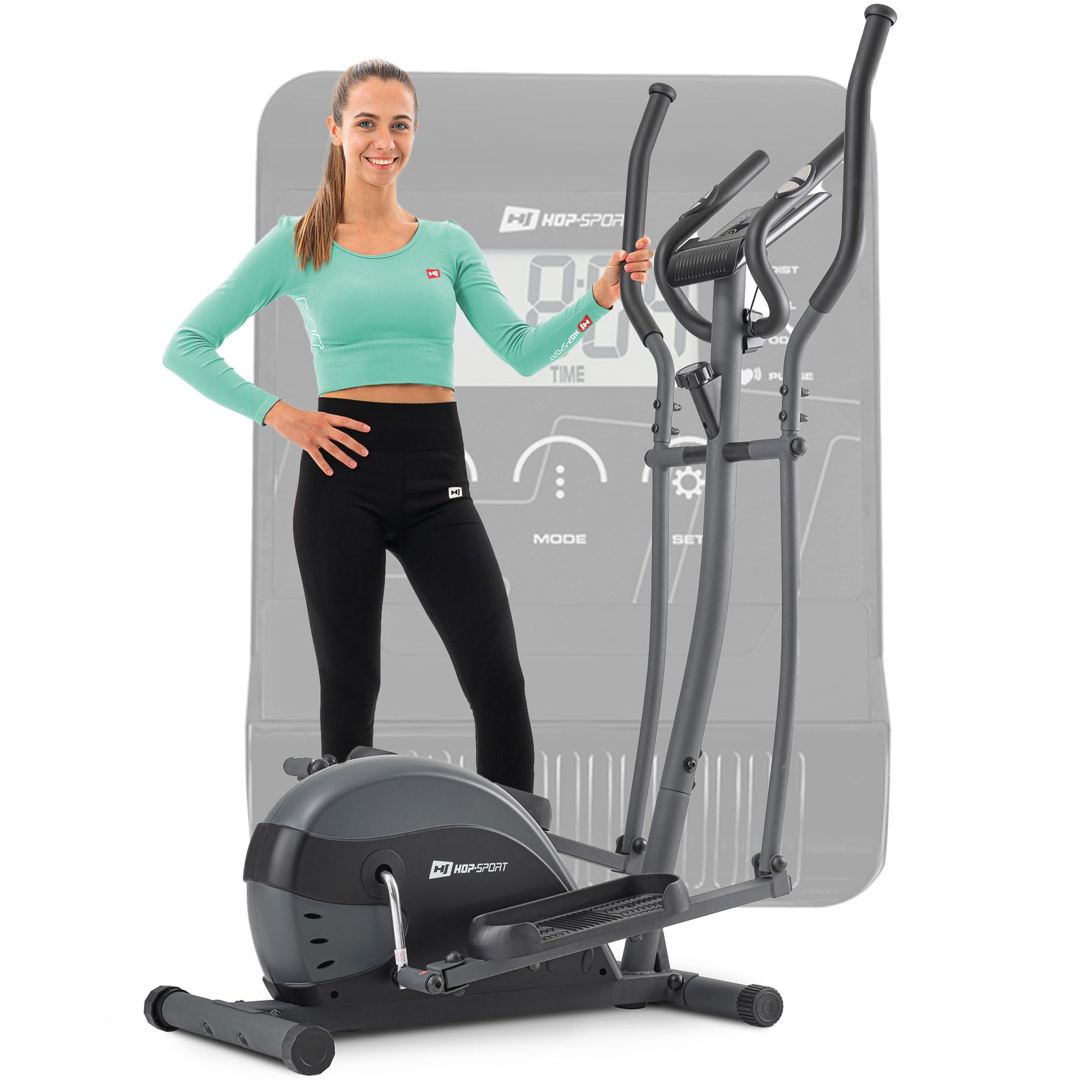 Hop-Sport Crosstrainer Focus Schwarz-Grau - Ellipsentrainer für Zuhause mit Trainingscomputer, Pulssensoren & Tablethalterung, Kompakte Fitnessgeräte, Max. Benutzergewicht 120 kg