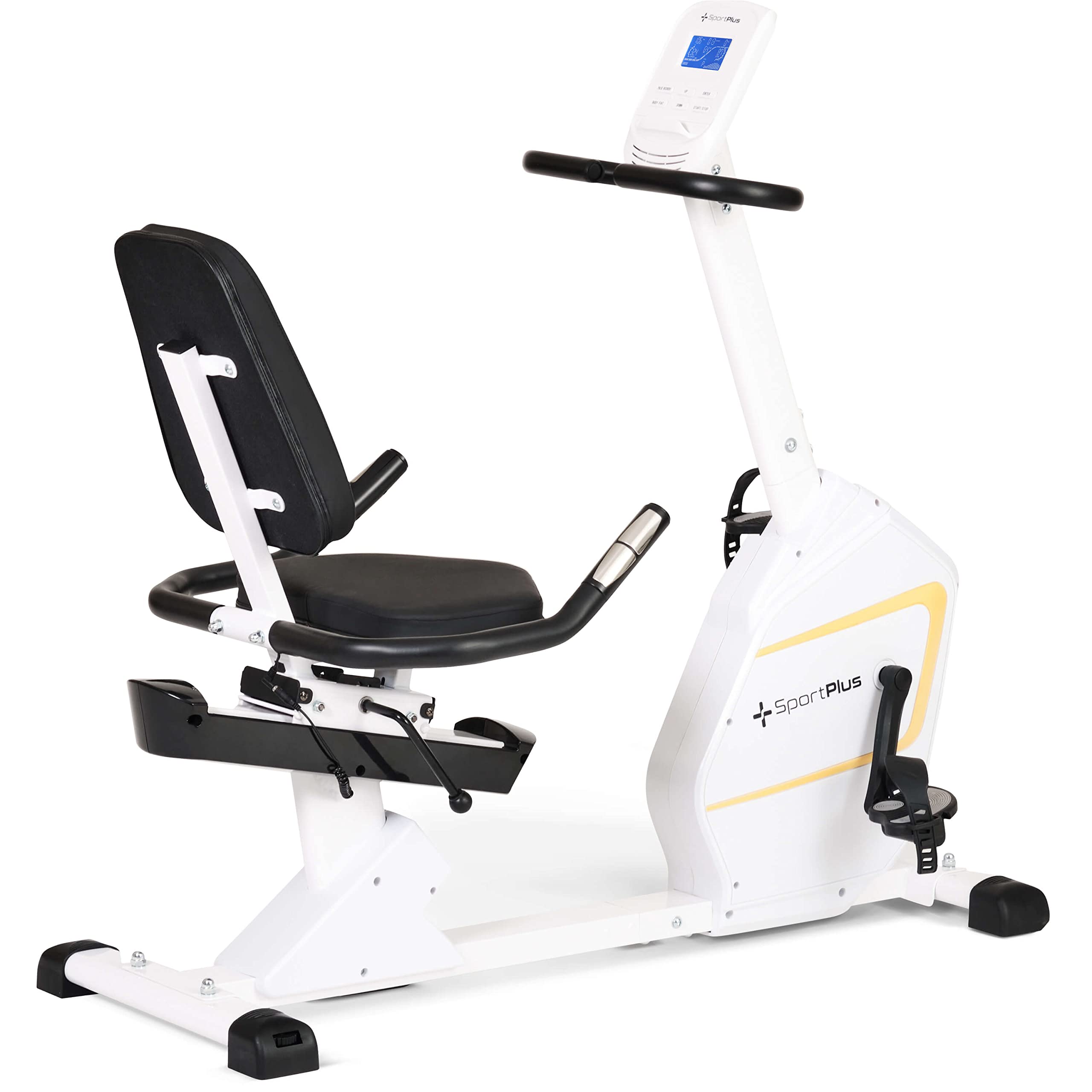 SportPlus Heimtrainer mit Magnetbremse 24 Widerstandsstufen, gelenk- und rückenschonend, extra weicher Sitz, bis 200 Watt, Fitnessgerät für Senioren
