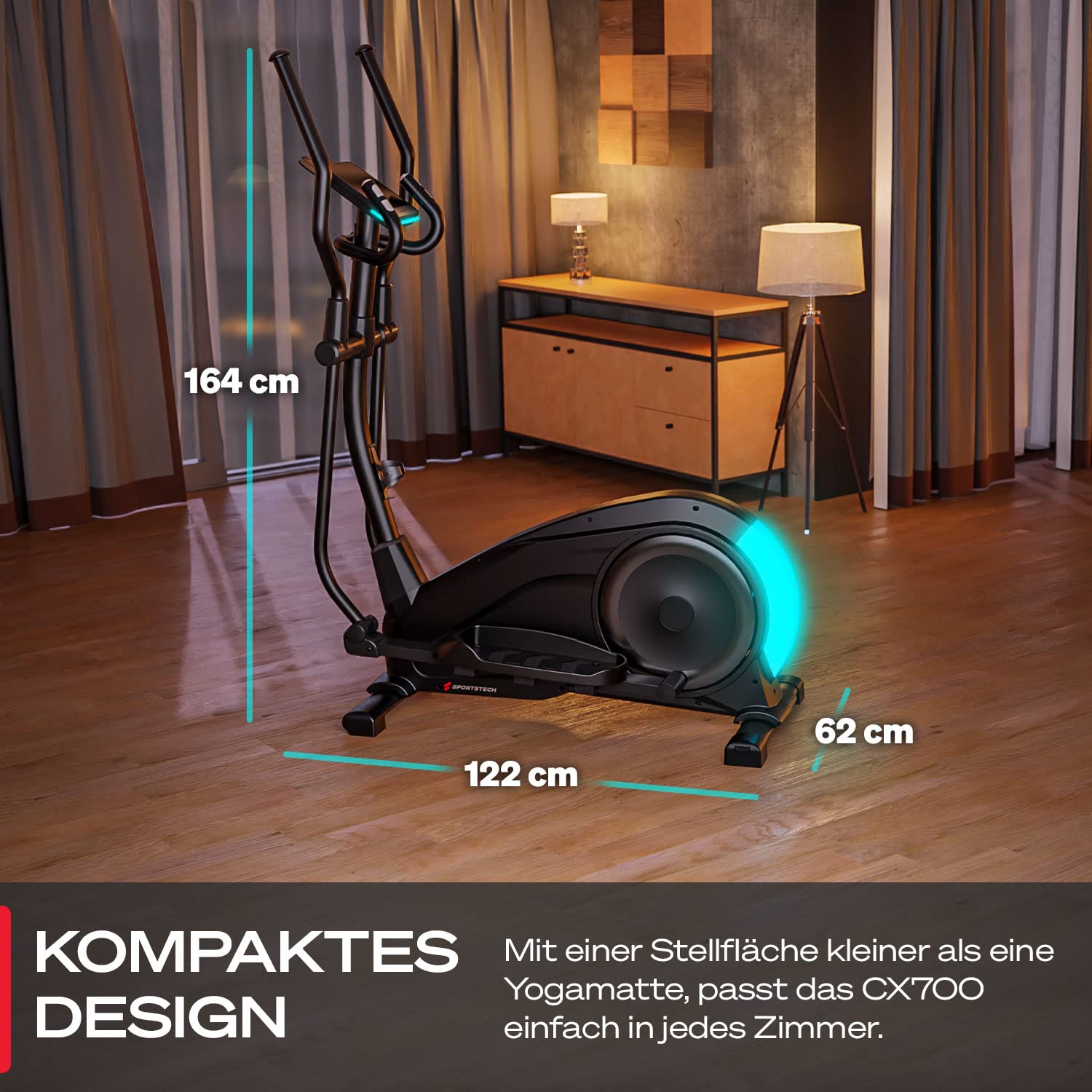 Sportstech CX700 Crosstrainer für Zuhause | Gelenkschonender Ellipsentrainer mit 24 kg Schwungmasse | 24 Widerstandsstufen | Innovative LED Technologie | Bluetooth, App-Steuerung & Pulssensor