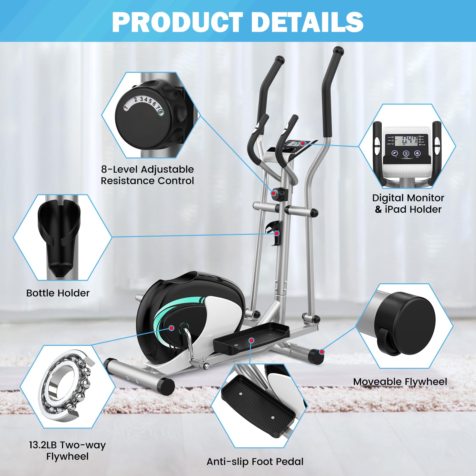 Dripex Elliptical Crosstrainer, Extrem leises magnetisches Ellipsentrainer für den Heimgebrauch, mit 6KG Schwungrad, 8 Widerstandsstufen, Pulssensor, LCD Monitor & Gerätehalterung (Grün)